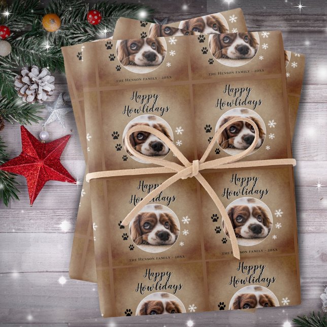 Feuille De Papier Cadeau Rustic Happy Howlidays Chien Photo Noël (Créateur téléchargé)