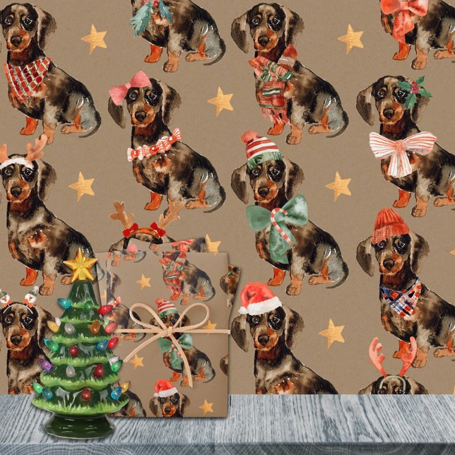 Feuille De Papier Cadeau Rustic Kraft Dachshunds fête de Noël (Rustic Kraft Dachshunds Christmas Party Holiday Gift Wrapping Paper Sheets Trio)