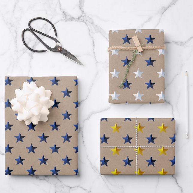 Feuille De Papier Cadeau Rustic Kraft Navy Gold Argent Stars Noël (Recto)