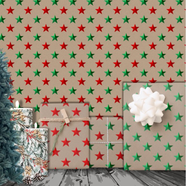 Feuille De Papier Cadeau Rustic Kraft Red Green Stations Noël (Créateur téléchargé)