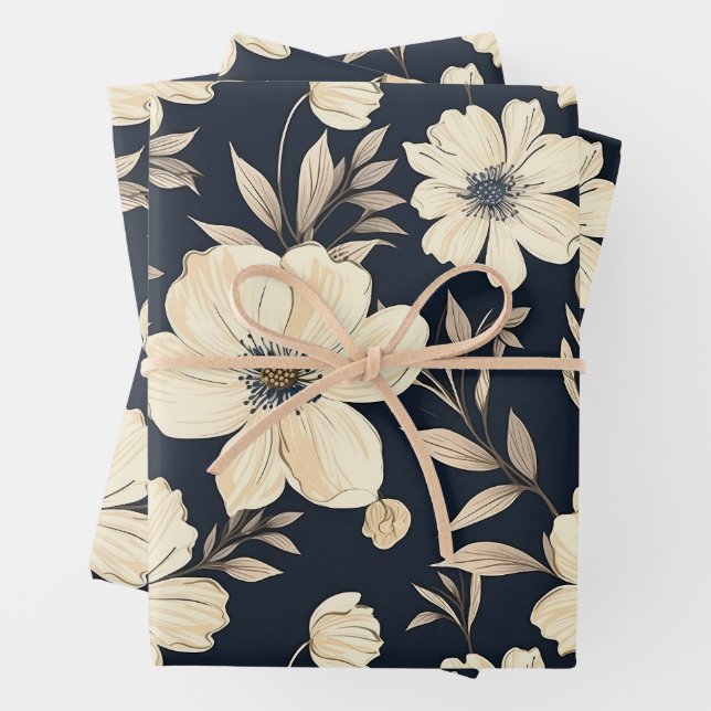 Feuille De Papier Cadeau Rustic Navy Blue Beige Wildflower Meadow Dark Flor (En situation)