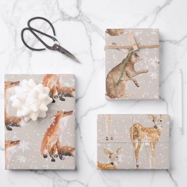 Feuille De Papier Cadeau Rustic Oyster Gray Elegant Snowy Winter Animals (Recto)
