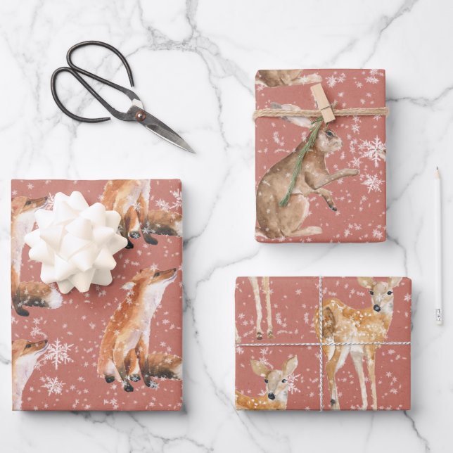Feuille De Papier Cadeau Rustic Red Elegant Snowy Winter Animals (Recto)
