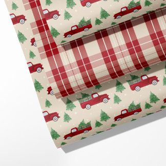 Feuille De Papier Cadeau Rustic Red Truck & Christmas Plaid 