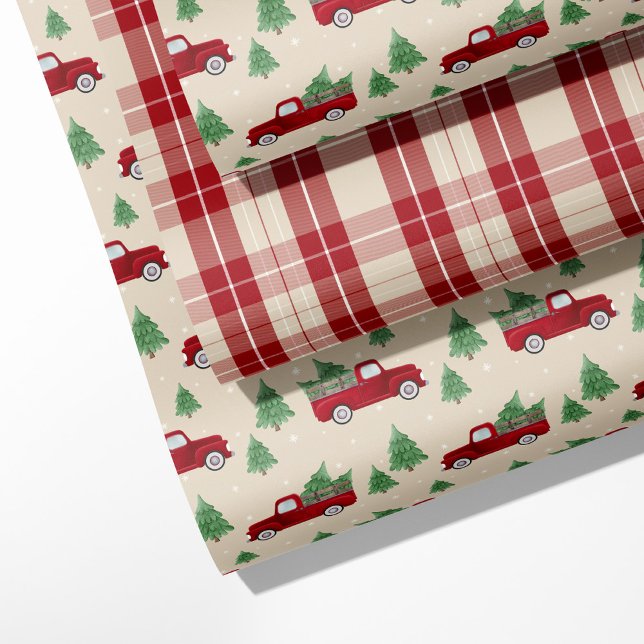 Feuille De Papier Cadeau Rustic Red Truck & Christmas Plaid  (Créateur téléchargé)