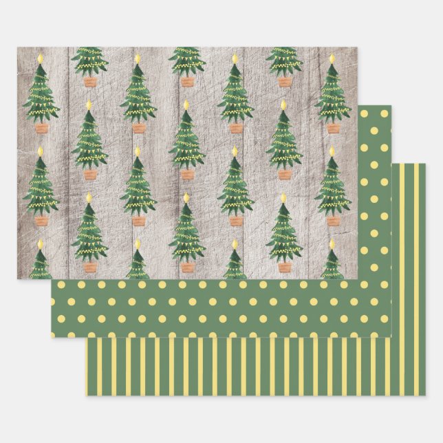 Feuille De Papier Cadeau Rustic Wood Green Gold Pois de Noël (Lot)