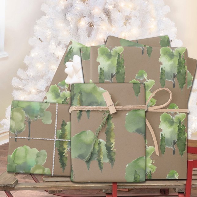 Feuille De Papier Cadeau Rustique Kraft Aquarelle Forêt Scènes Cadeau (Rustic Kraft Watercolor Woodland Tree Scenes Christmas Holiday Gift Wrapping Paper Sheets Trio)