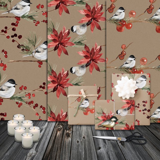 Feuille De Papier Cadeau Rustique Kraft Casquette noir Biches et Baies (Rustic Kraft Black Cap Chickadee Birds & Berries Christmas Holiday Gift Wrapping Paper Sheets Trio)