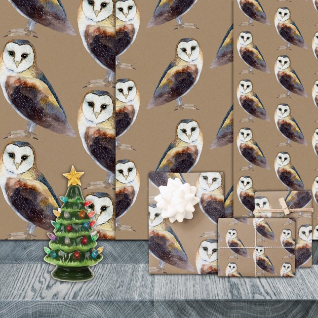 Feuille De Papier Cadeau Rustique Kraft Elégant Barn Owl (Rustic Kraft Elegant Barn Owl Christmas Holiday Gift Wrapping Paper Sheets Trio)