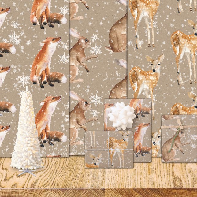 Feuille De Papier Cadeau Rustique Kraft Élégant Snowy Animaux d'hiver (Rustic Kraft Elegant Winter Animals Red Fox Doe Deer Hare Christmas Holiday Wrapping Paper Rolls)