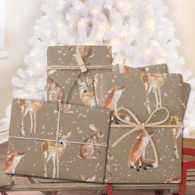 Feuille De Papier Cadeau Rustique Kraft Elégant Snowy Winter Animaux ensemb (Rustic Kraft Elegant Snowy Winter Animals Together Christmas Holiday Gift Wrapping Paper Sheets Trio)