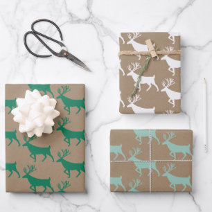 Feuille De Papier Cadeau Rustique Kraft Green White Woodland Stag