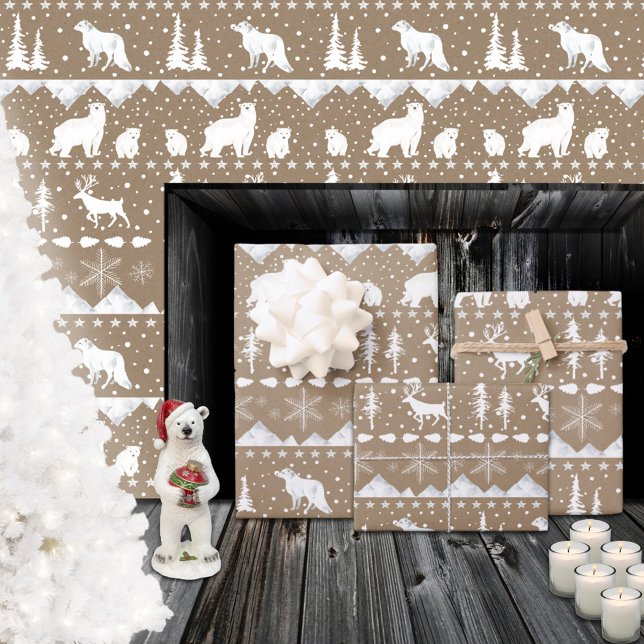 Feuille De Papier Cadeau Rustique Kraft Nordic Sweater Blanc Animaux d'hive (Rustic Kraft Nordic Sweater White Winter Animals Wrapping Paper Sheets)