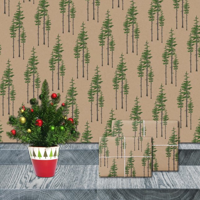 Feuille De Papier Cadeau Rustique Kraft Pine Orientale Forêt forestière (Rustic Kraft Eastern Pine Tree Woodland Forest Christmas Holiday Gift Wrapping Paper Sheets Trio)