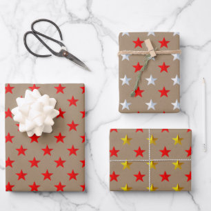 Feuille De Papier Cadeau Rustique Kraft Red Gold Argent Stars Noël