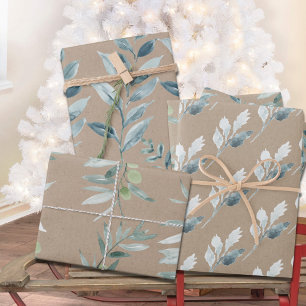Feuille De Papier Cadeau Rustique Kraft Silver Blue Winter Greenery