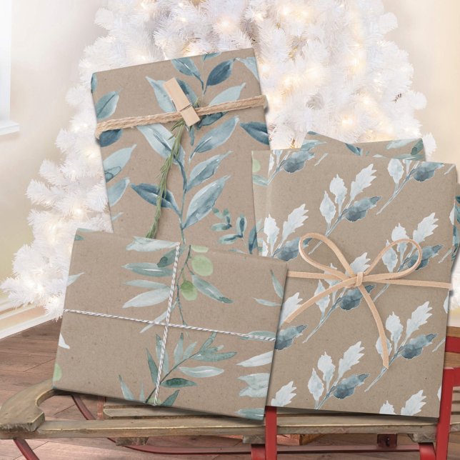 Feuille De Papier Cadeau Rustique Kraft Silver Blue Winter Greenery (Rustic Kraft Blue Winter Greenery Gift Wrapping Paper Sheets Trio.)