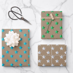 Feuille De Papier Cadeau Rustique Kraft Silver Green Turquoise Blue Stars