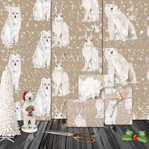 Feuille De Papier Cadeau Rustique Kraft Snowy Hiver Animaux arctiques