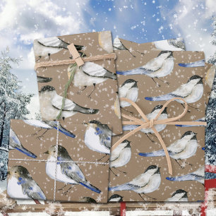 Feuille De Papier Cadeau Rustique Kraft Snowy Winter Chickadee Birds
