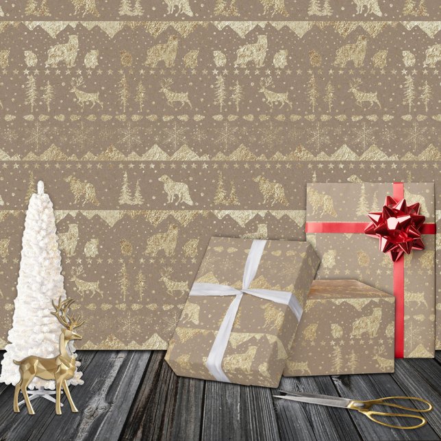 Feuille De Papier Cadeau Rustique Kraft Sweater Nordic Gold Animaux d'hiver (Rustic Kraft Nordic Sweater Gold Winter Animals Christmas Holiday Gift Wrapping Paper Sheets Trio)