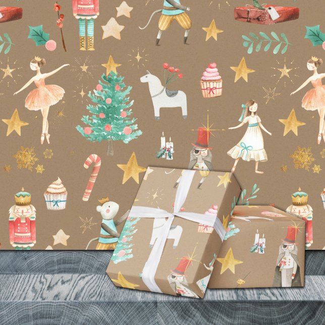 Feuille De Papier Cadeau Rustique Kraft Tout Casse-Noisette Noël (Rustic Kraft Everything Nutcracker Christmas Holiday Gift Wrapping Paper Sheets Trio)