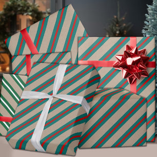 Feuille De Papier Cadeau Rustique Kraft Turquoise Vert Rouge Large bande Va