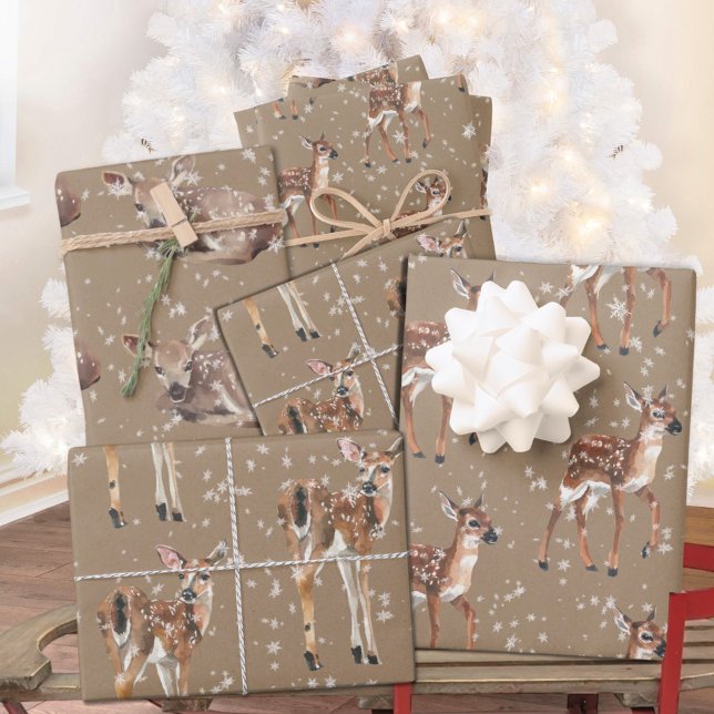 Feuille De Papier Cadeau Rustique Kraft Winter Baby Doe Reindeer Snowflakes (Rustic Kraft Winter Baby Doe Reindeer Snowflakes Christmas Holiday Gift Wrapping Paper Sheets Trio)