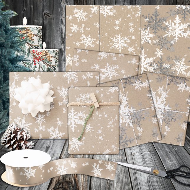 Feuille De Papier Cadeau Rustique Kraft Winter White & Silver Snowflakes (Rustic Kraft Winter White & Silver Snowflakes Wrapping Paper Sheets)