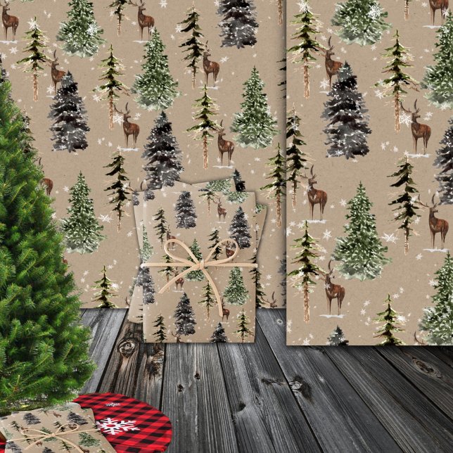 Feuille De Papier Cadeau Rustique Kraft Winter Woodland Snowy Spruce & Stan (Rustic Kraft Winter Woodland Snowy Spruce & Stags Wrapping Paper Sheets)