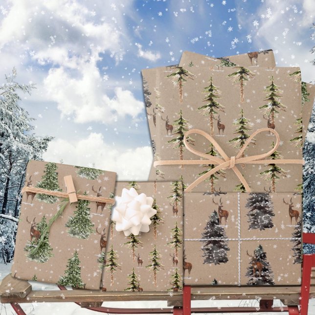 Feuille De Papier Cadeau Rustique Kraft Winter Woodland Spruce Tree Reindee (Rustic Kraft Winter Woodland Spruce Tree Reindeer Christmas Holiday Gift Wrapping Paper Sheets Trio)