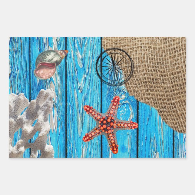 Feuille De Papier Cadeau Rustique Nautique Bleu Burlap Starfish (Devant)