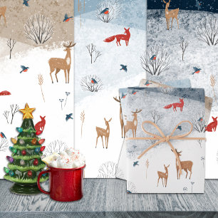 Feuille De Papier Cadeau Rustique Nordic Winter Fox Deer Snowy Mountain
