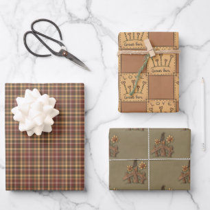 Feuille De Papier Cadeau Rustique Pays Plaid et Corbeaux