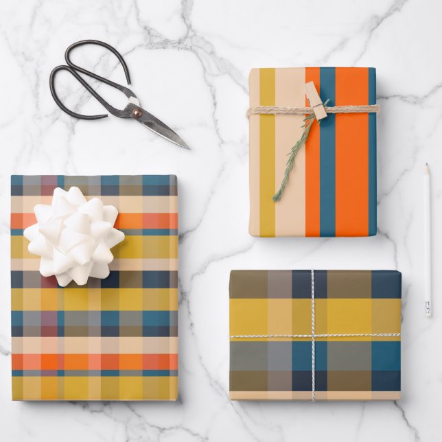Feuille De Papier Cadeau Rustique Retro Moderne Plaid & Motifs de bande (Recto)