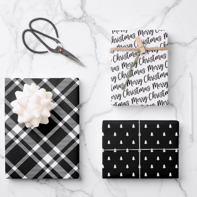 Feuille De Papier Cadeau Rustique Tartan Noir Plaid Joyeux Motif de Noël (Recto)