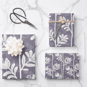 Feuille De Papier Cadeau Rythme en fleurs Silhouette florale blanc et lavan