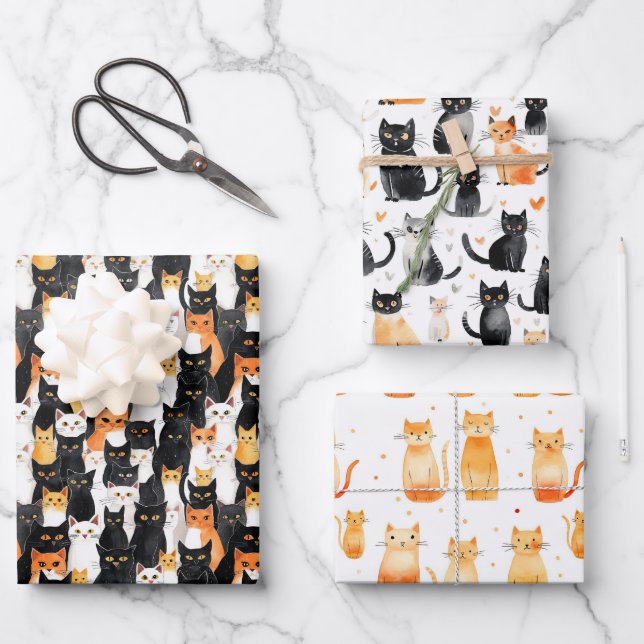 Feuille De Papier Cadeau Sac-cadeau orange blanc noir Chats moyen (Recto)