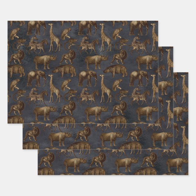 Feuille De Papier Cadeau Safari Animaux en bleu foncé (Lot)