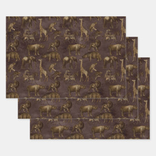 Feuille De Papier Cadeau Safari Animaux sur Dark Brown