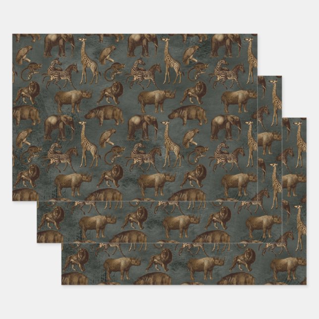 Feuille De Papier Cadeau Safari Animaux sur Vert foncé (Lot)
