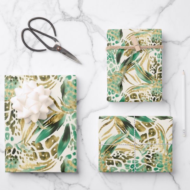 Feuille De Papier Cadeau Safari Animaux's Fur Prints Motif Vert et Or (Recto)