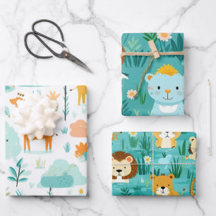 Feuille De Papier Cadeau Safari Faune pour Enfants   