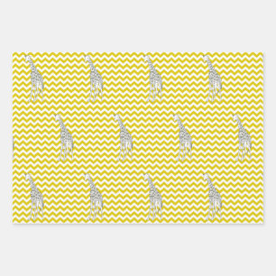 Feuille De Papier Cadeau Safari Jaune d'or Chevron avec la Girafe d'art pop