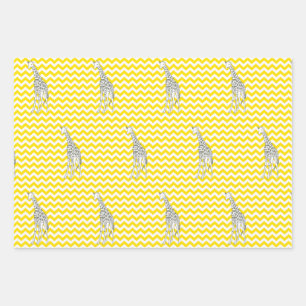 Feuille De Papier Cadeau Safari Jaune d'or Chevron avec la Girafe d'art pop