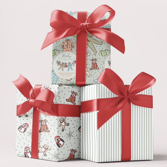 Feuille De Papier Cadeau Sage Baby Son froid à l'extérieur du Baby shower d (Christmas Winter Baby Shower Gift Wrap. Baby Xmas Pajamas, Cute Animals, Snowflakes, Striped Pattern)