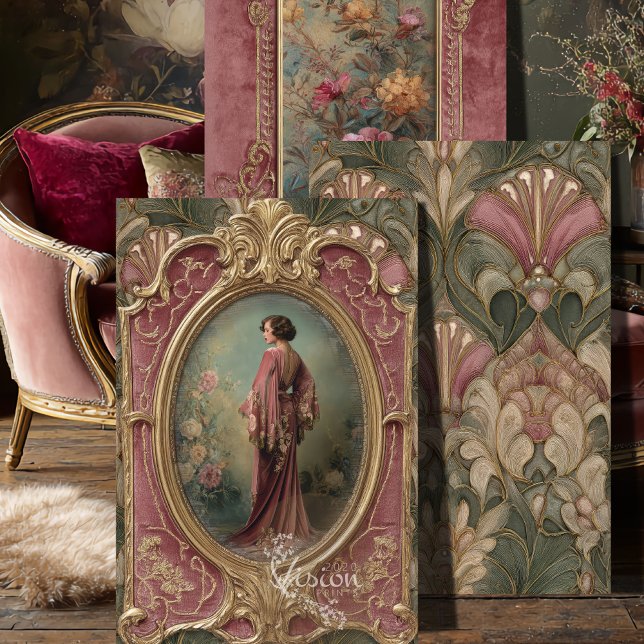 Feuille De Papier Cadeau Sage Blush Flapper Art Nouveau Ensemble 3 Panneaux (Three art nouveau panels propped on dark wood floor beside pink French velvet chair)