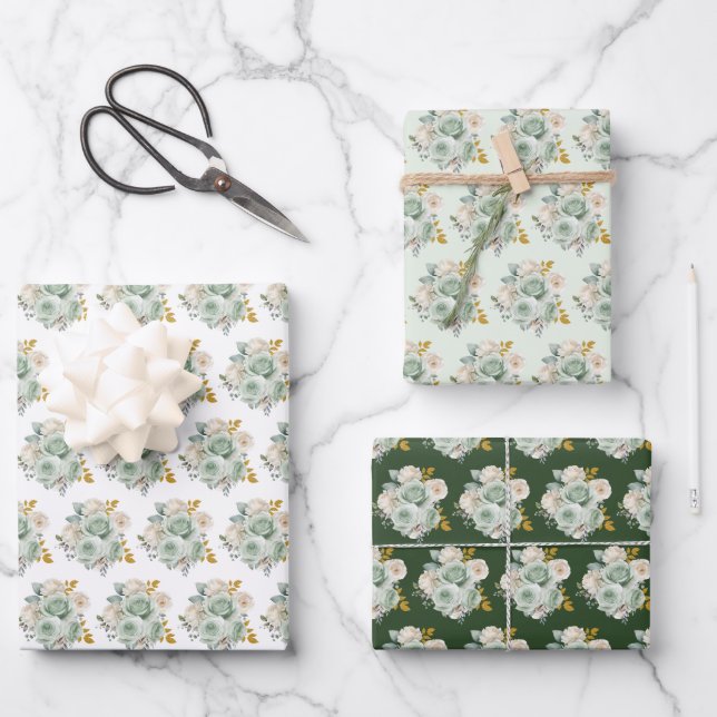 Feuille De Papier Cadeau Sage Green and Gold Elegant Flowers (Recto)