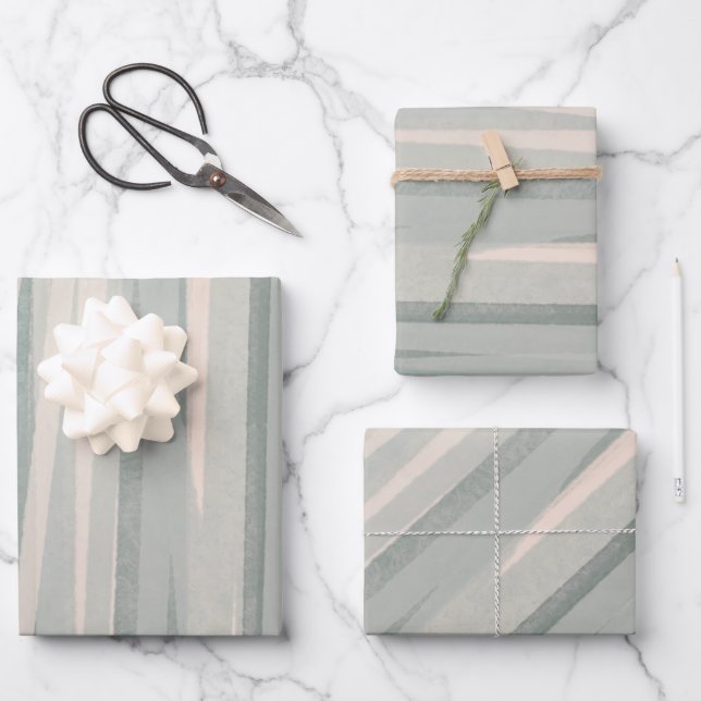 Feuille De Papier Cadeau Sage vert beige rayures d'eau abstrait (Recto)