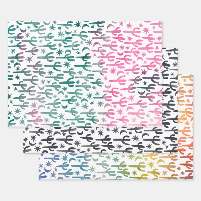 Feuille De Papier Cadeau Saguaro Cactus Désert Aquarelle Nature Botanique (Lot)